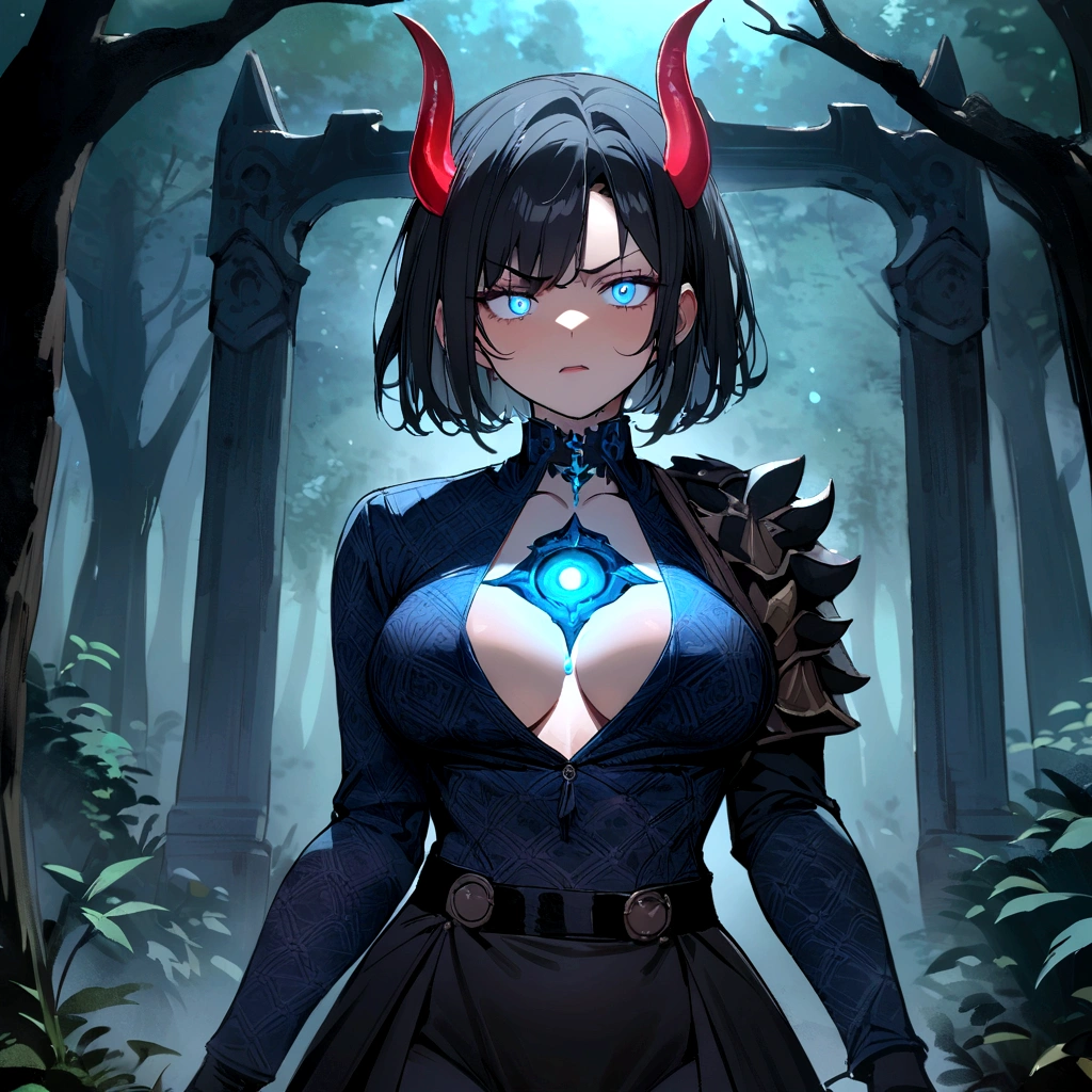 Masterpiece, 4k, high quality, 1 girl, black hair, glowing white eyes,short hair , red horns, angry raging expression,blue and black military outfit, white fullmetal alchemist gloves, akimbo shotgun , glowing blue eyes , in the forest, in front of the gates of hell , bleeding neck , hole in chest dripping blood, tore garment, blue patterned headband on top of her head, with a mystical forest scenery , steam evaporating from her body, cosmic owl familiar on her shoulder