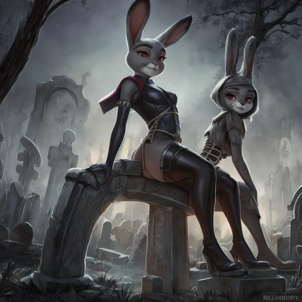 By chelodoy,2 girls, Judy hopps, sexy naked outfit , stockings, sitting on the skeleton, red eyes, glowing eyes, smirk, holding skull, on the graveyard, fog, night, (detailed face, detailed eyes) one girls is sitting and showing her big ass