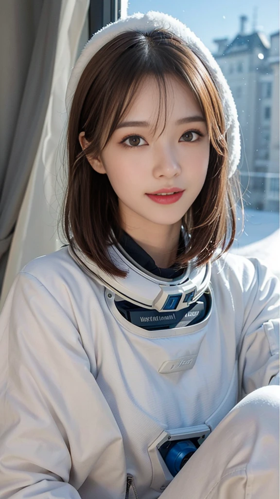 Highest quality、masterpiece、Ultra-high resolution、(Genuine:1.4)、Beautiful woman１、Beautiful details in the eyes and skin、smile、Light brown short hair、The perfect space suit、Grey Sky、Snow Planet、
