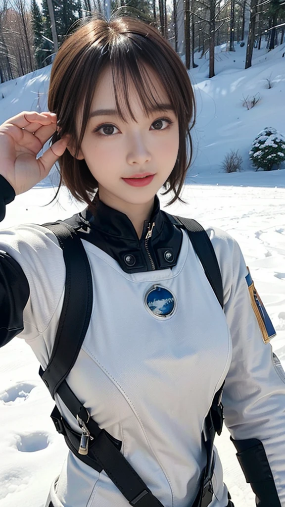 Highest quality、masterpiece、Ultra-high resolution、(Genuine:1.4)、Beautiful woman1、Beautiful details in the eyes and skin、smile、Light brown short hair、The perfect space suit、Grey Sky、Snow Planet、