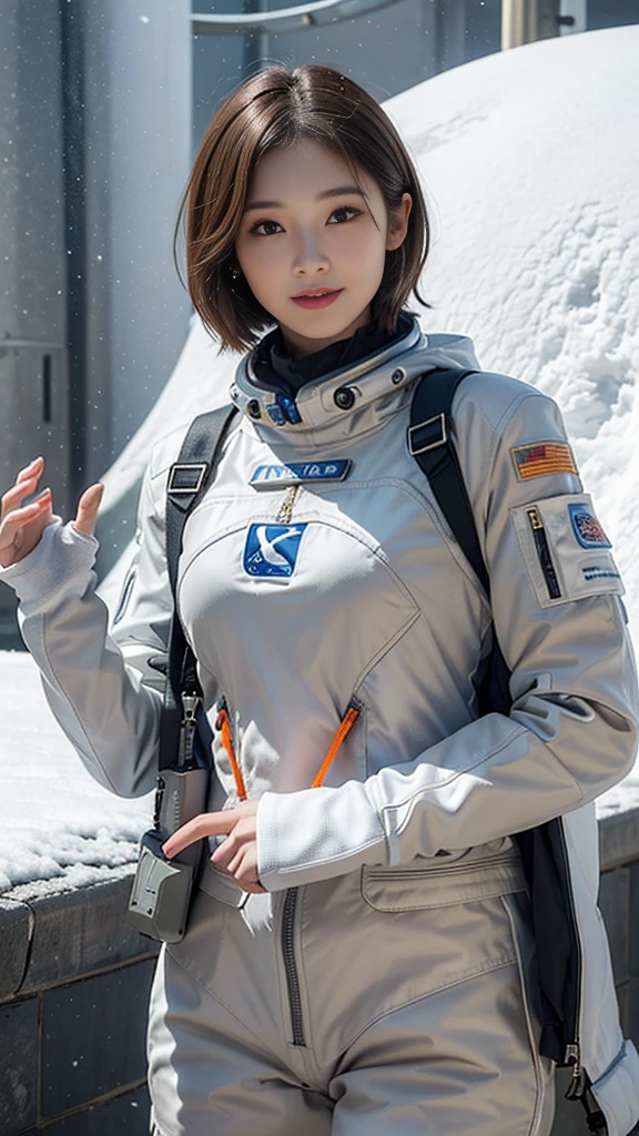 Highest quality、masterpiece、Ultra-high resolution、(Genuine:1.4)、Beautiful woman1、Beautiful details in the eyes and skin、smile、Light brown short hair、The perfect space suit、Grey Sky、Snow Planet、