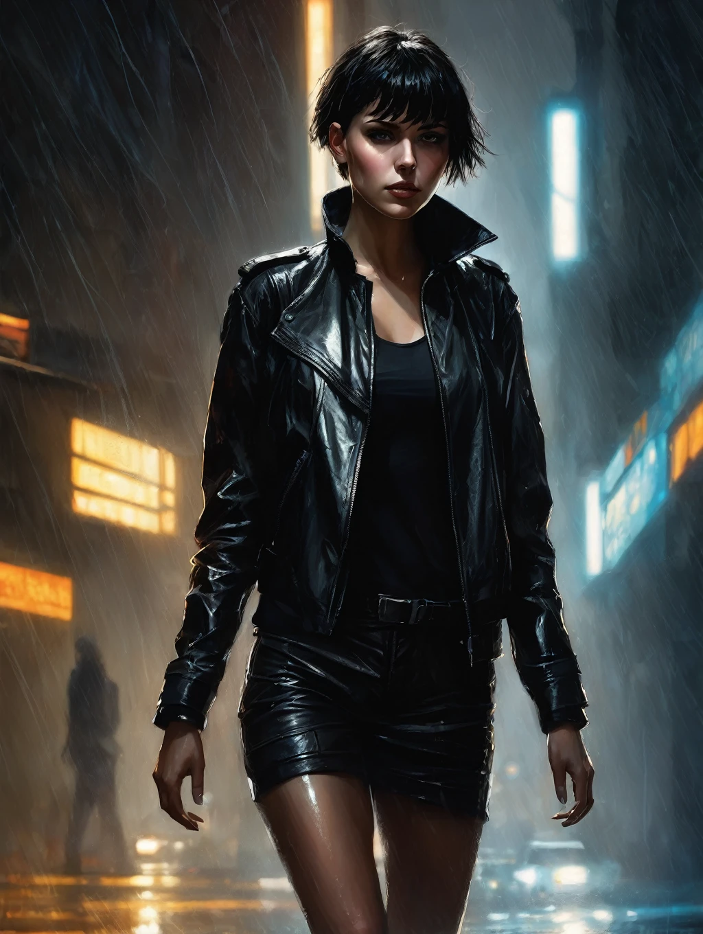 1 female, short hair, with black leather jacket,
Blade Runner Rain Shadow Dramatic Lighting Art,author:John Burkey
(best quality, masterpiece, )