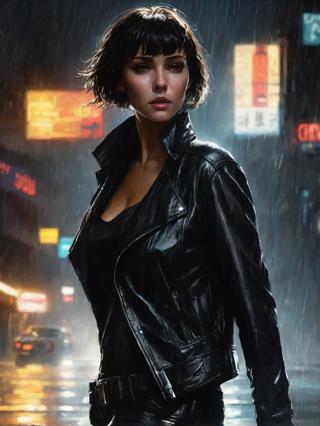 1 female, short hair,  with black leather jacket, 
Blade Runner Rain Shadow Dramatic Lighting Art，author：John Burkey
(best quality, masterpiece, )