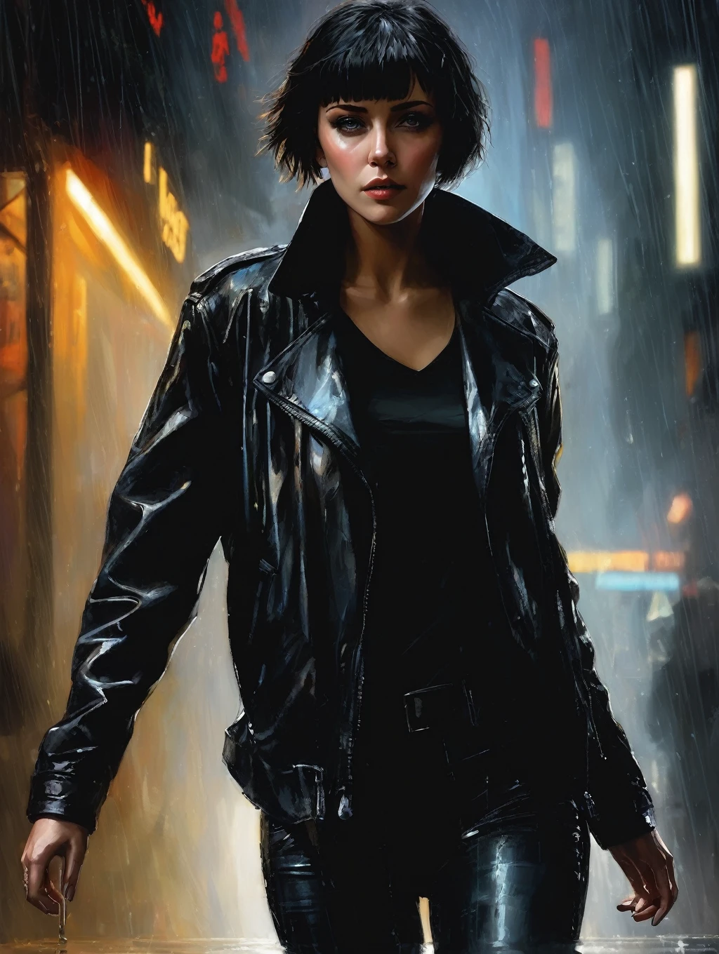1 female, short hair, with black leather jacket,
Blade Runner Rain Shadow Dramatic Lighting Art,author:John Burkey
(best quality, masterpiece, )