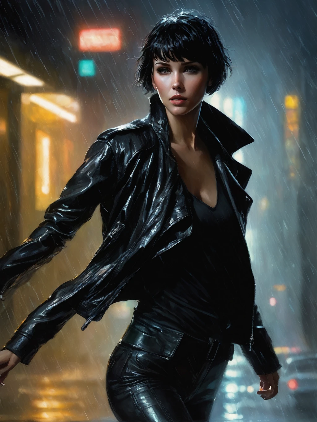 1 female, short hair,  with black leather jacket, 
Blade Runner Rain Shadow Dramatic Lighting Art，author：John Burkey
(best quality, masterpiece, )