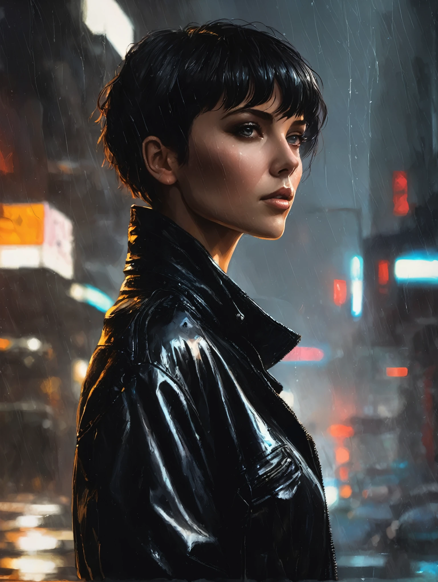 1 female, short hair, with black leather jacket,
Blade Runner Rain Shadow Dramatic Lighting Art,author:John Burkey
(best quality, masterpiece, )