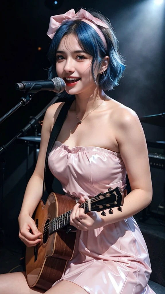 ((best quality)), photorealistic, photorealism, Photorealistic, high resolution, ((Wearing Pink Strapless latex dress, Headband))、smile、A superb beauty、Super cute、ennui、Rare beauty、Very Short hair、Black Dark Eyeshadow、Sad、white skin、pale skin, Very short hair layered、Dark Gothic Makeup、Cute Smile、Fragrant beauty、Stained glass background、Mastepiece、Best Quality、Refers to 5 books、Sweat glistening on my chest、Sweat glistening on my face、Medium breasts、Blue hair、Age 20 years old、Mysterious look、A sad expression、Blue Hair、Glamorous concert stage、enchanting castle、Sweating profusely all over the body、A lot of sweat and light on the thighs、Shiny thighs、Plenty of sweat glistening on the thighs、A large amount of sweat glistens on my thighs、Sweating profusely、Gal、Medium breasts、Beautiful face、Alluring expression、Sitting、Sitting playing guitar、Thick thighs、Playing guitar、I have a guitar、Sing a song enthusiastically、Playing guitar in a band、Rock band、Playing guitar chords、Live House Background、Sing a song、Open your mouth、Live house scenery、Mic stand、Glamorous live stage、Dynamic Angle、Cinematic lighting
