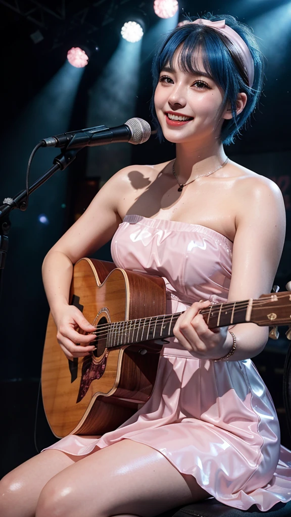 ((best quality)), photorealistic, photorealism, Photorealistic, high resolution, ((Wearing Pink Strapless latex dress, Headband))、smile、A superb beauty、Super cute、ennui、Rare beauty、Very Short hair、Black Dark Eyeshadow、Sad、white skin、pale skin, Very short hair layered、Dark Gothic Makeup、Cute Smile、Fragrant beauty、Stained glass background、Mastepiece、Best Quality、Refers to 5 books、Sweat glistening on my chest、Sweat glistening on my face、Medium breasts、Blue hair、Age 20 years old、Mysterious look、A sad expression、Blue Hair、Glamorous concert stage、enchanting castle、Sweating profusely all over the body、A lot of sweat and light on the thighs、Shiny thighs、Plenty of sweat glistening on the thighs、A large amount of sweat glistens on my thighs、Sweating profusely、Gal、Medium breasts、Beautiful face、Alluring expression、Sitting、Sitting playing guitar、Thick thighs、Playing guitar、I have a guitar、Sing a song enthusiastically、Playing guitar in a band、Rock band、Playing guitar chords、Live House Background、Sing a song、Open your mouth、Live house scenery、Mic stand、Glamorous live stage、Dynamic Angle、Cinematic lighting