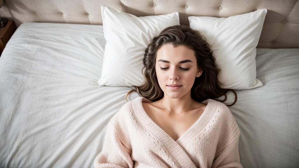 Top View of Beautiful Young Woman Sleeping Cozily on a Bed in His Bedroom at Night.