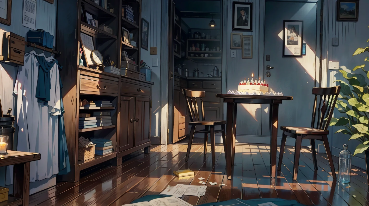 A dim old apartment, a small birthday cake on an old wooden table, a modern apartment, an alarm clock on the wall, an anime scene,the wooden floor,,, glowing, best quality, high details, epic, dramatic, cinematic lighting, detailed textures, (masterpiece, best quality:1.2)