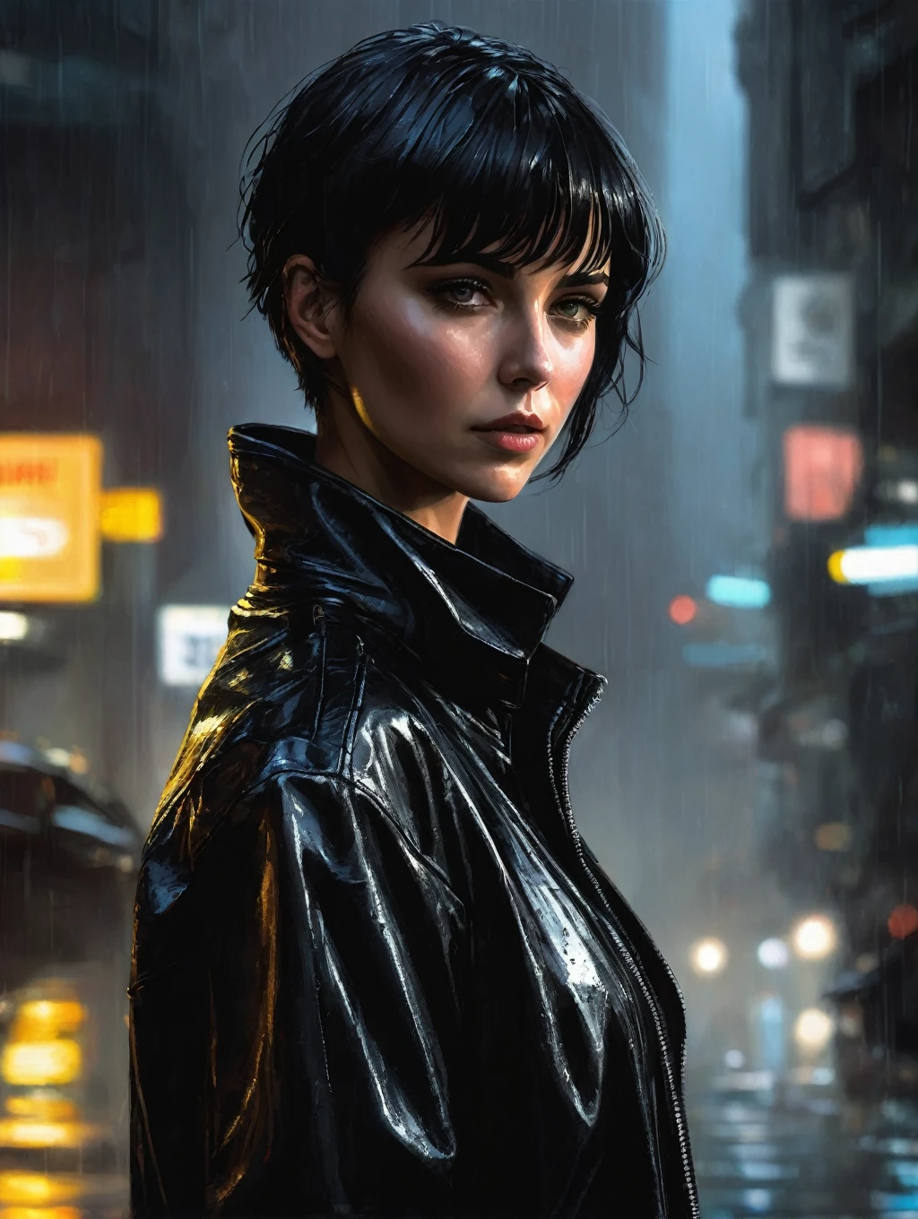 1 female, short hair,  with black leather jacket, 
Blade Runner Rain Shadow Dramatic Lighting Art，author：John Burkey
(best quality, masterpiece, )