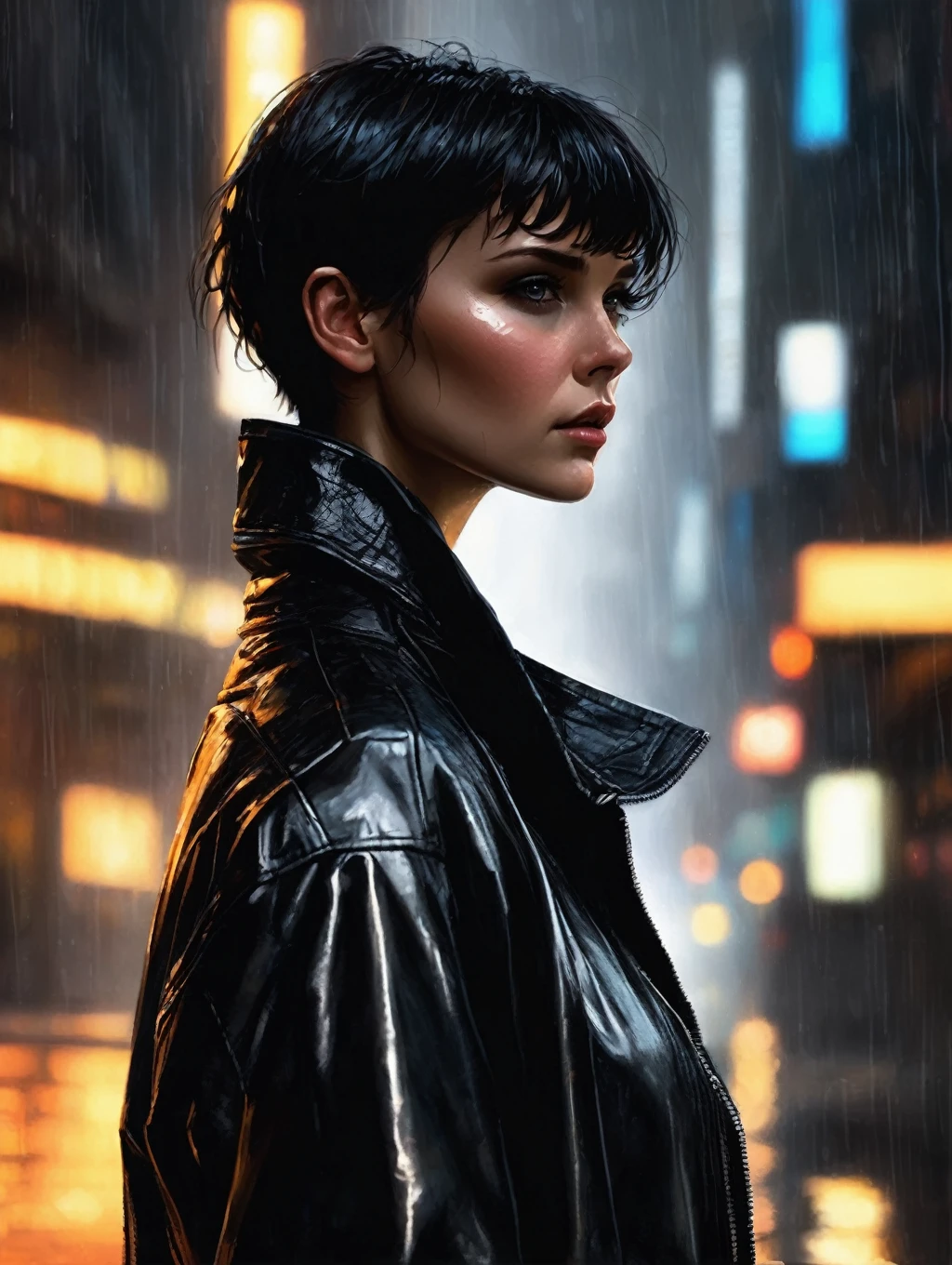 1 female, short hair, with black leather jacket,
Blade Runner Rain Shadow Dramatic Lighting Art,author:John Burkey
(best quality, masterpiece, )