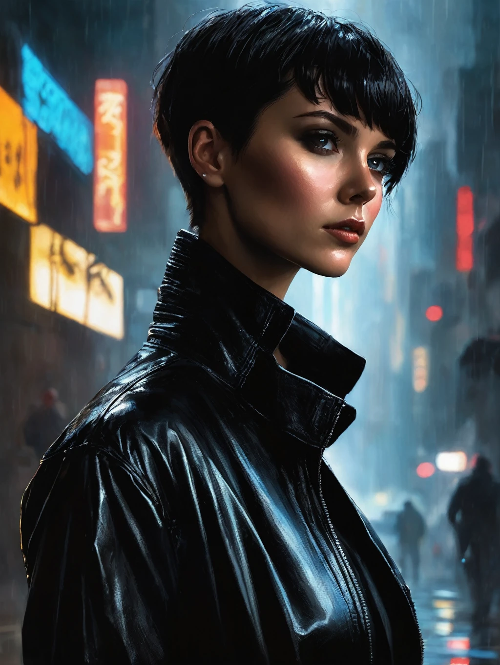 1 female, short hair, with black leather jacket,
Blade Runner Rain Shadow Dramatic Lighting Art,author:John Burkey
(best quality, masterpiece, )
