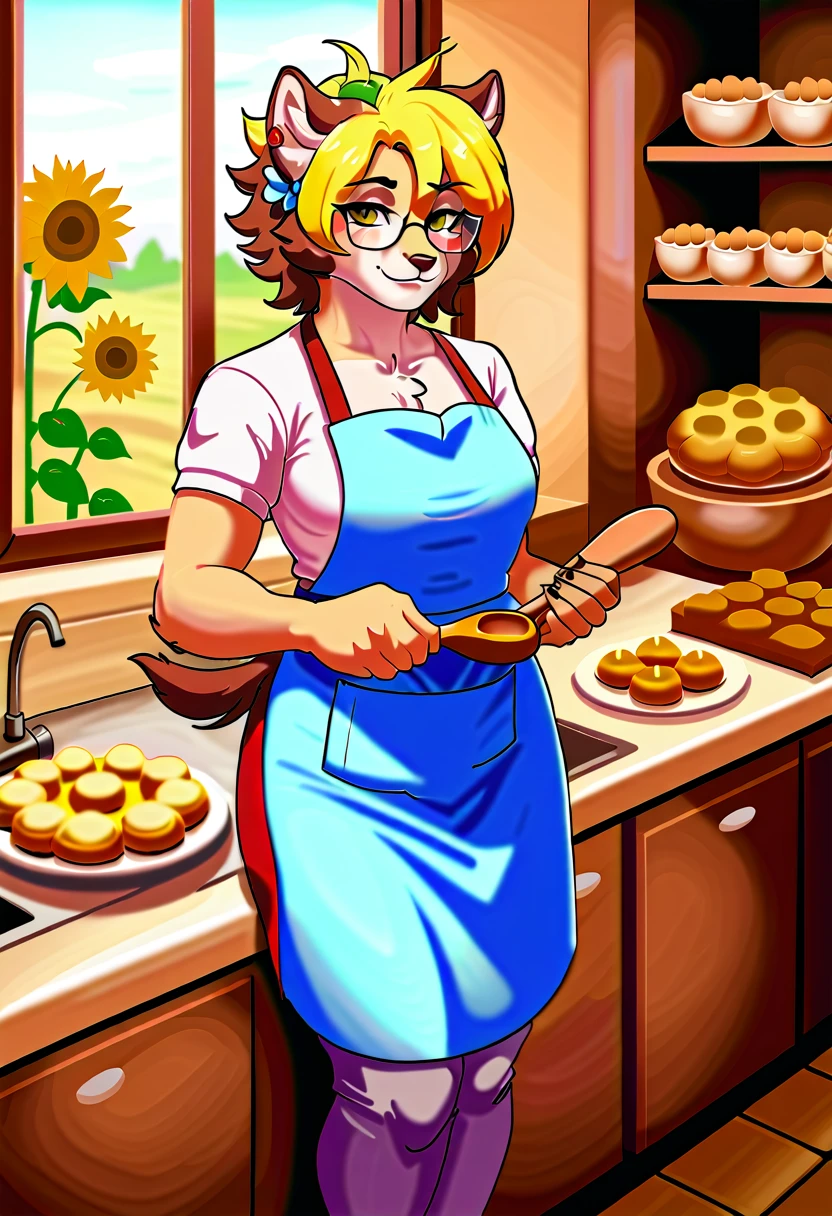 furry girl,apron,looking at viewer,glasses,sunflower hair clip,kitchen,bakery tools,