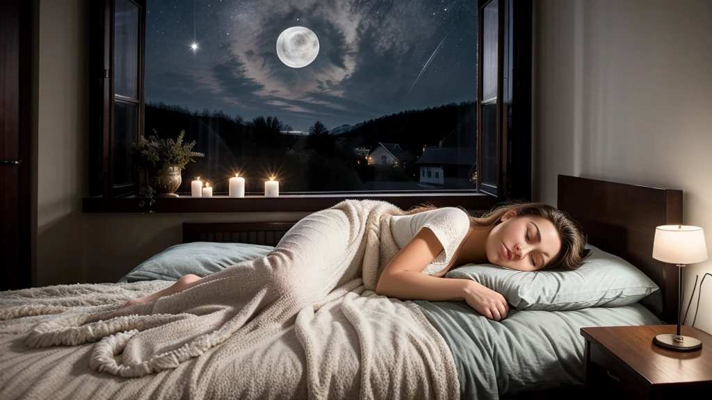 Beautiful young woman sleeping peacefully on a cozy bed in a bedroom at night, Tranquil and serene atmosphere, Soft and comforting bedding with intricate details, Top-down perspective capturing the peaceful scene, Subtle moonlight filtering through the window, Calm and relaxing ambiance, Realistic portrayal with a touch of warmth