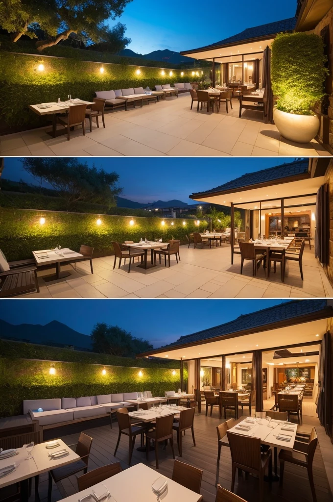 ((best quality)), ((masterpiece)), (detailed) The restaurant has an outdoor terrace with a hanging garden, where visitors can enjoy their meals under the stars or relax in lounge areas with stunning views.