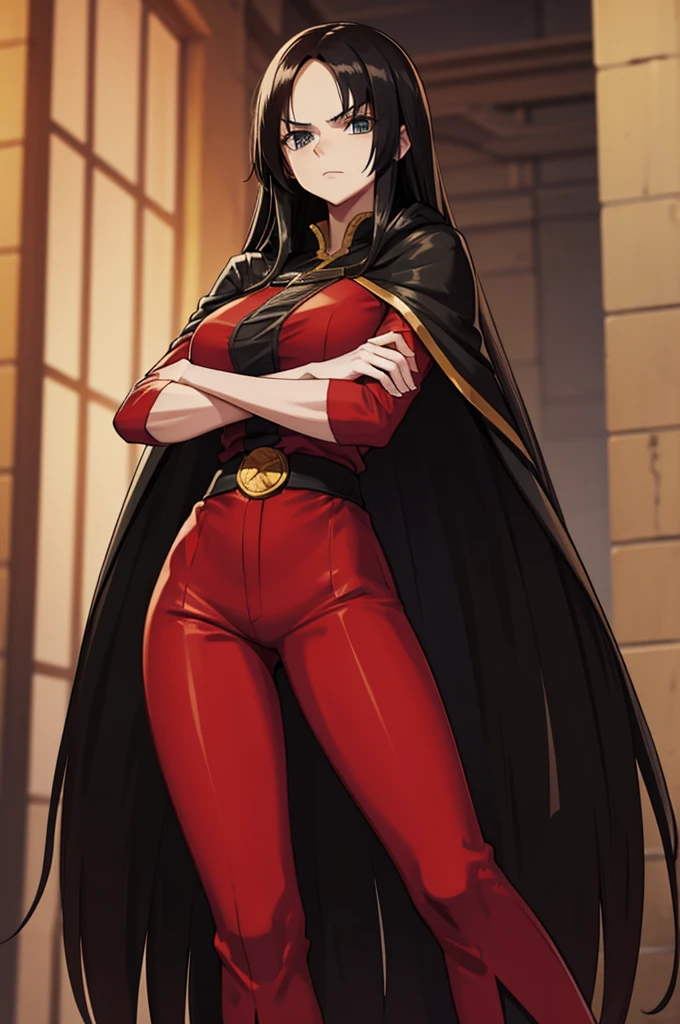 Tall long haired woman wearing black cape and red clothes with arms crossed long tight pants