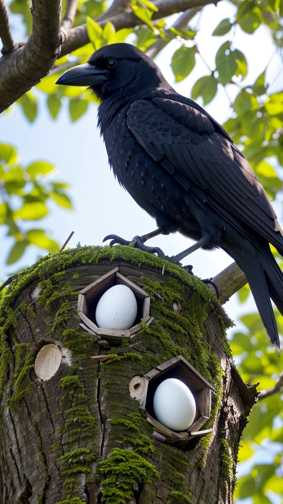 close-up of a crow's nest high up in the tree, containing several speckled eggs. The crows look at their eggs lovingly, perched on the edge