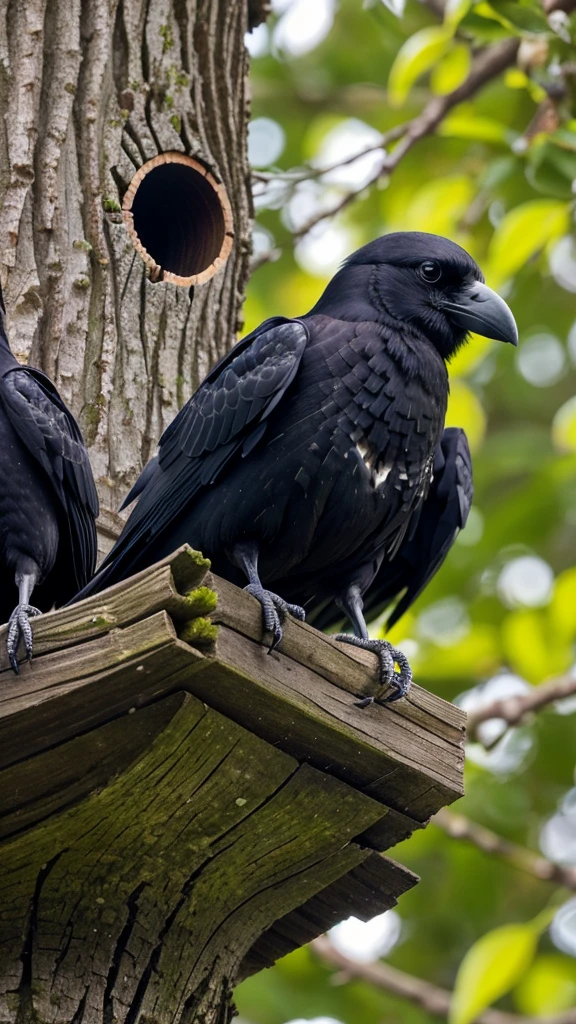 close-up of a crow's nest high up in the tree, containing several speckled eggs. The crows look at their eggs lovingly, perched on the edge 