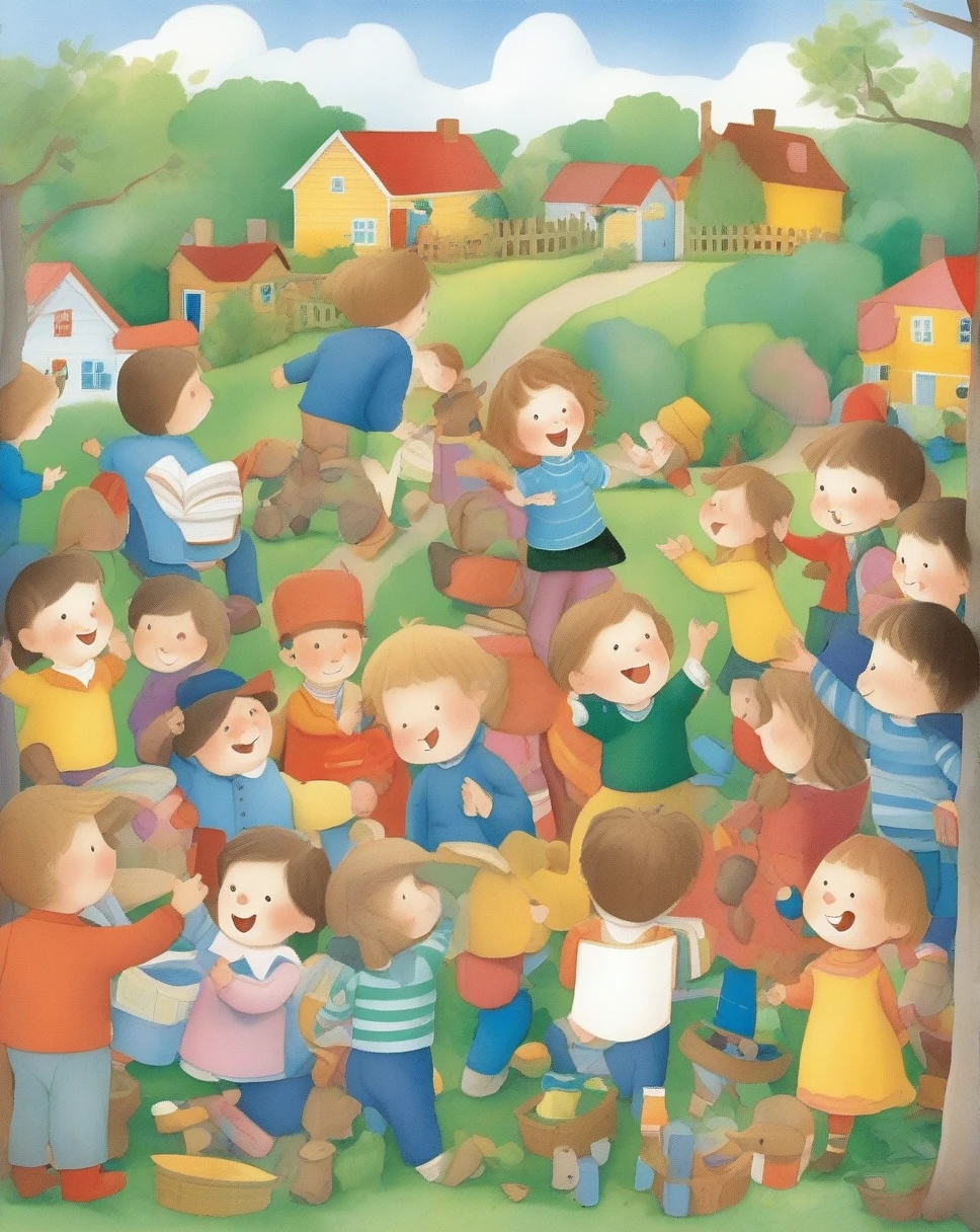 children's picture books, crayon paintings, alot of bottons