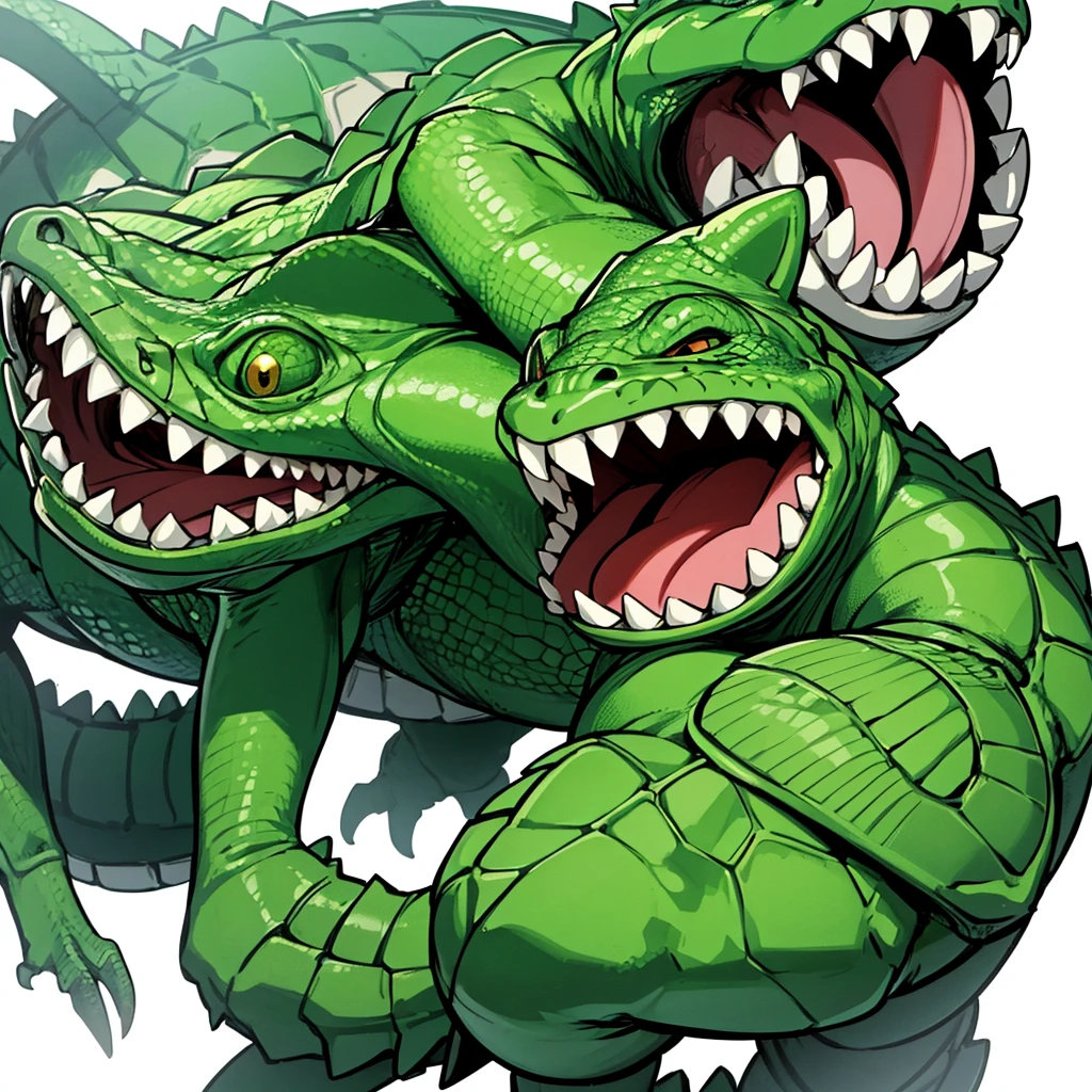 (Chibi Character)、((((No humans))))、Libra, reptiles, Humanity, Crocodile, green body, scale, There is nothing there, Crocodilian, facial, Muscular, green scale, teeth、get annoyed、Fighting stance、Movement angle、(White background)、(battle)