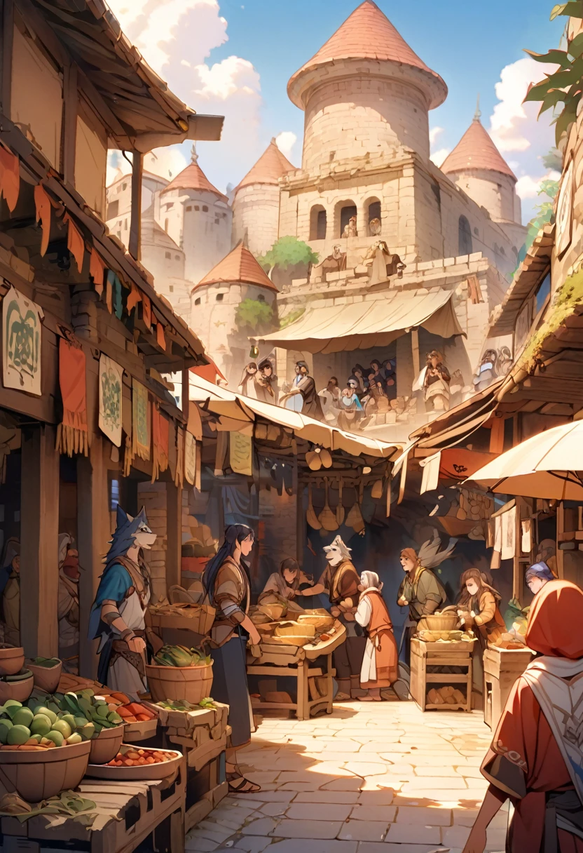 Big castle, magic walls red flag wolf icon The atmosphere of the ancient city, the market, the villagers, the community is bright.
