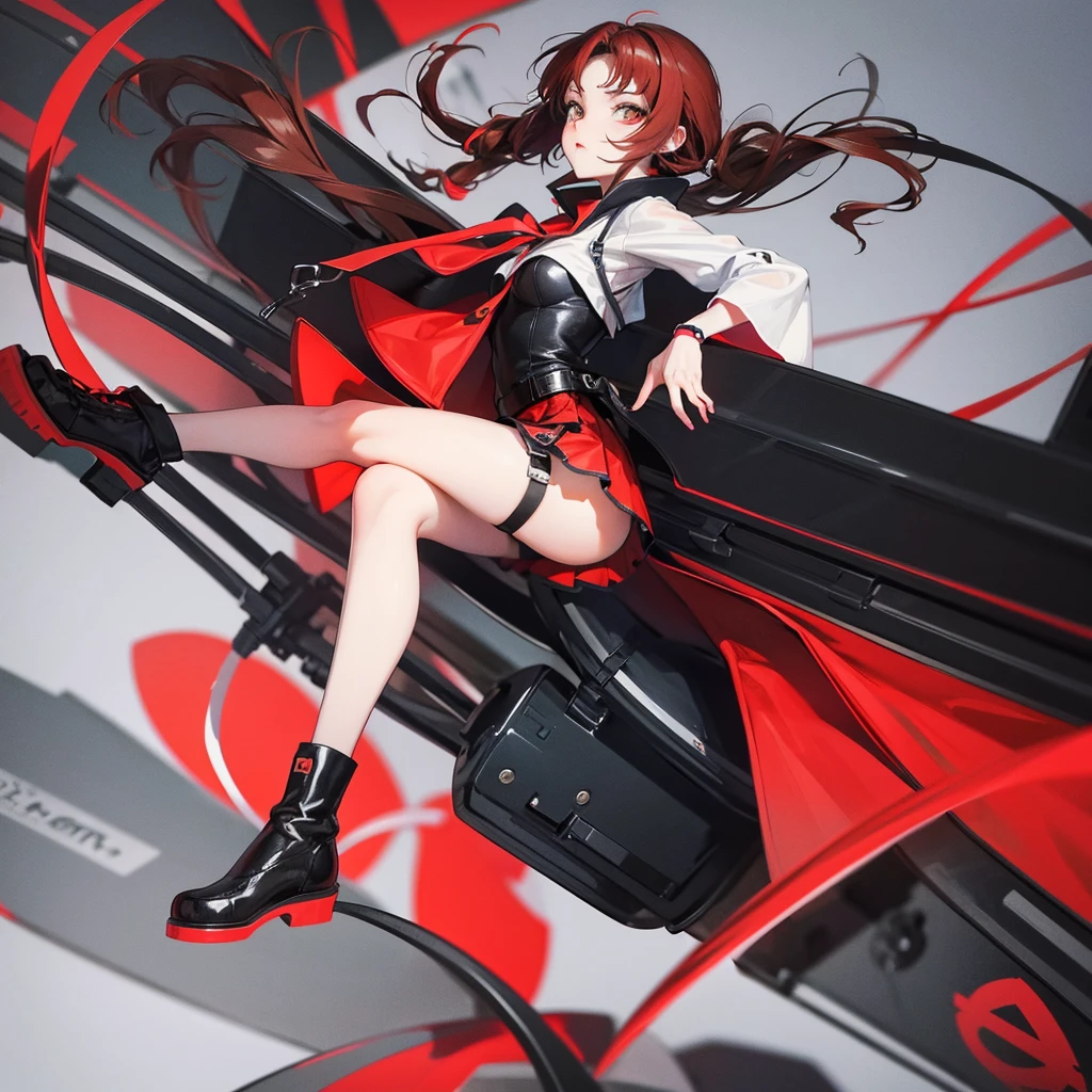 Anime girl, in a short mini skirt, Black and red hair, 3d, long hair.