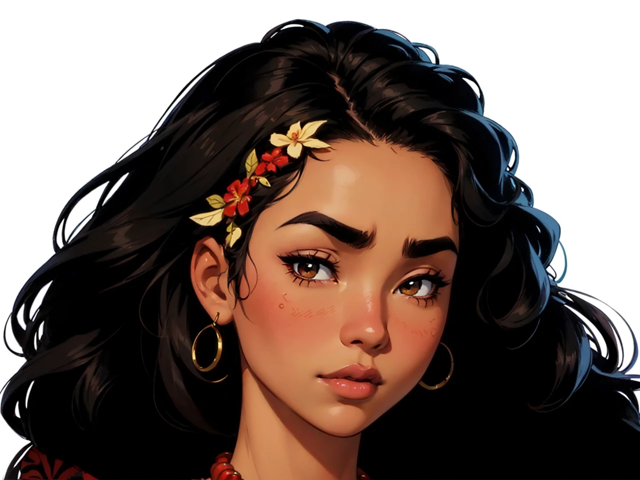 Create a high resolution full body image of Moana, Movie "Moana". Extremely Realistic, very beautiful, sexy, big ass, thick legs, sensual, She must be portrayed standing, confident, with her hands on her hips, showing a courageous and adventurous expression. Moana has long, wavy black hair, dark brown eyes, and an athletic build. She wears a red top with traditional Polynesian patterns and a cream skirt made of tapa fabric, decorated with intricate designs and floral prints. A red sash is tied around her waist. Her necklace features a blue gemstone. She is barefoot.