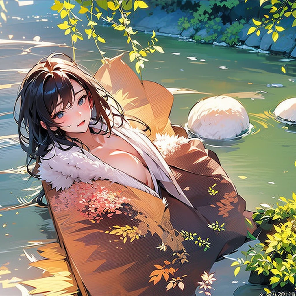 (NSFW、Erotic、sexy、Adult)、Set in a lush mountain landscape、Young woman enjoying nature by playing in a clear mountain stream(彼女はsexyな水着を着ています)。The scene is realistic anime style。The woman is wearing a tank top and shorts.、Standing in the shallows of a stream、Scoop up water with your right hand、Extend your left hand slightly for balance。She has a happy look on her face.。In the background、Mountains covered with green forests々々is drawn、wood々々々々A soft light shines between、It casts a warm, natural light on the scene.。The water in the stream is clear、I see rocks below me、The banks are lined with vibrant greenery and wildflowers.。The camera angle is slightly behind and above the woman.、It gives the scene depth and perspective.。When the sunlight hits the water surface, the woman、Gives hair a soft and lustrous look