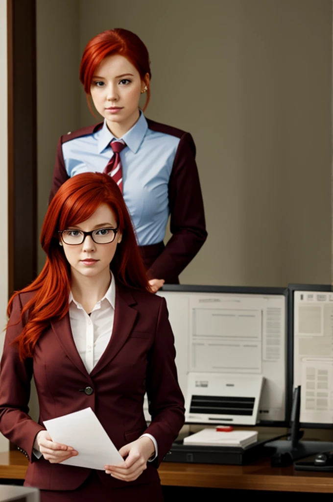 A red-haired girl in secretary clothes