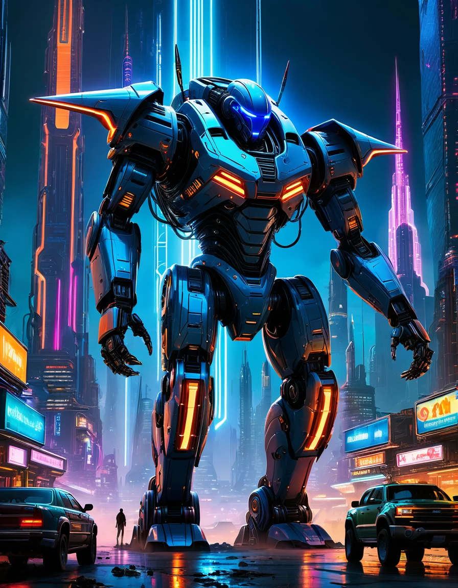 Robust construction bot for mega futuristic building in alien world: A massive, towering robot with a sturdy, metallic body, covered in glowing blue circuits and wires. It has large, powerful arms with hydraulic claws, capable of lifting and moving massive building materials. The bot's body is adorned with neon lights that pulse with energy, illuminating the dark, alien landscape. In the background, a sprawling, futuristic cityscape rises from the ground, with towering skyscrapers and neon-lit streets. The construction bot is surrounded by a halo of light, highlighting its imposing presence in the alien world, Don Lawrence Style