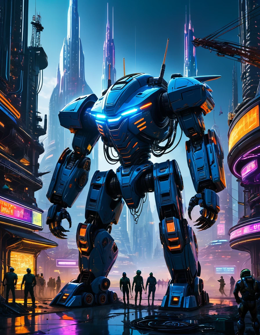 Robust construction bot for mega futuristic building in alien world: A massive, towering robot with a sturdy, metallic body, covered in glowing blue circuits and wires. It has large, powerful arms with hydraulic claws, capable of lifting and moving massive building materials. The bot's body is adorned with neon lights that pulse with energy, illuminating the dark, alien landscape. In the background, a sprawling, futuristic cityscape rises from the ground, with towering skyscrapers and neon-lit streets. The construction bot is surrounded by a halo of light, highlighting its imposing presence in the alien world, Don Lawrence Style