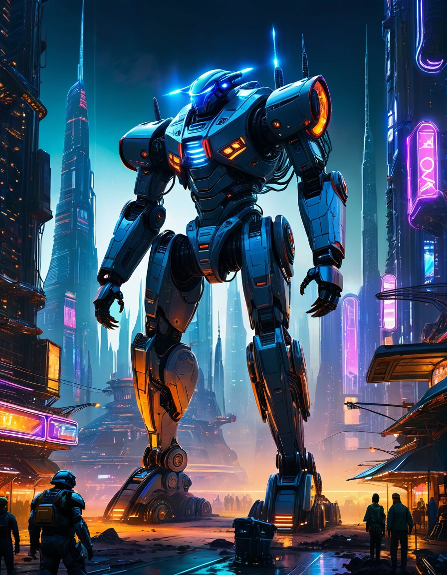 Robust construction bot for mega futuristic building in alien world: A massive, towering robot with a sturdy, metallic body, covered in glowing blue circuits and wires. It has large, powerful arms with hydraulic claws, capable of lifting and moving massive building materials. The bot's body is adorned with neon lights that pulse with energy, illuminating the dark, alien landscape. In the background, a sprawling, futuristic cityscape rises from the ground, with towering skyscrapers and neon-lit streets. The construction bot is surrounded by a halo of light, highlighting its imposing presence in the alien world, Don Lawrence Style