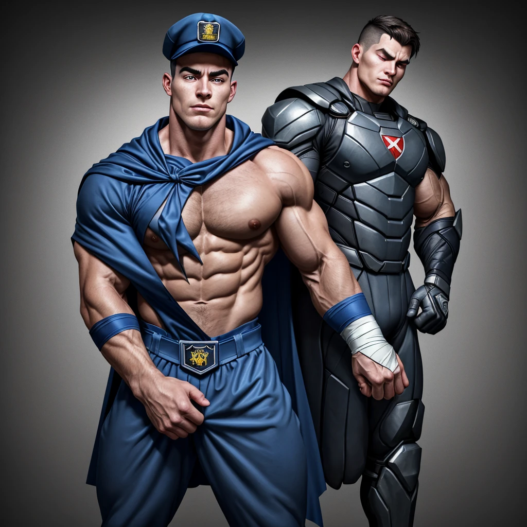 A realistic 3D male model in full body composition, wearing a full body hero suit and cape in the pattern of a professional baseball uniform, a very short haired, crew cut, cool, dandy-like, veteran-aged man with a shiny, sparkling blue cape that is longer than his body, gloves and a cap are always worn, an original hero, only the eyebrows, eyelashes and eyes are visible, his mouth is bandaged and sealed, the upper half of his face is bare with a sharp gaze, he has six pack abs, a muscular macho man with a sturdy body, he has both legs closed, his hands are clasped behind his back in an X shape, his whole body is bound and sealed with duct tape and he is held down. He has collapsed from exhaustion and is sleeping with his eyes closed. A coat of arms, in a dark room background, his whole body facing forward, backward, left and right (north, south, east and west), an image of him being restrained and mummified.