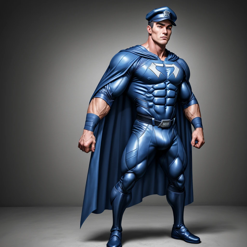 A realistic 3D male model in full body composition, wearing a full body hero suit and cape in the pattern of a professional baseball uniform, a very short haired, crew cut, cool, dandy-like, veteran-aged man with a shiny, sparkling blue cape that is longer than his body, gloves and a cap are always worn, an original hero, only the eyebrows, eyelashes and eyes are visible, his mouth is bandaged and sealed, the upper half of his face is bare with a sharp gaze, he has six pack abs, a muscular macho man with a sturdy body, he has both legs closed, his hands are clasped behind his back in an X shape, his whole body is bound and sealed with duct tape and he is held down. He has collapsed from exhaustion and is sleeping with his eyes closed. A coat of arms, in a dark room background, his whole body facing forward, backward, left and right (north, south, east and west), an image of him being restrained and mummified.