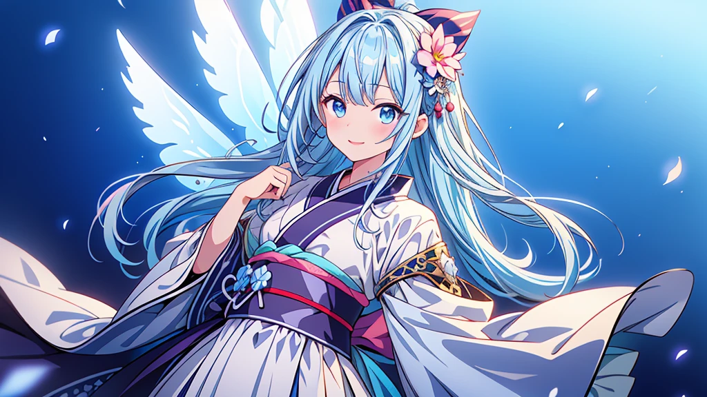 Highest quality、Masterpiece、Official Art、Dynamic composition、One Girl, alone,starの妖精、 Hello, Virtual YouTuber, Milky white with blue inner color hair, Transparent little fairy wings, Hello,wings, Blue Hair, smile, View your viewers, 青いbackground, background, Long Hair, Single hair ingestion, upper dy whole body,Blue eyes, 眉毛より上の短めのbangs, bangs, blue eyes,Sleeves are longer than the wrist, Gothic Lolita Kimono Remade from Kimono、universe、Milky Way、star、