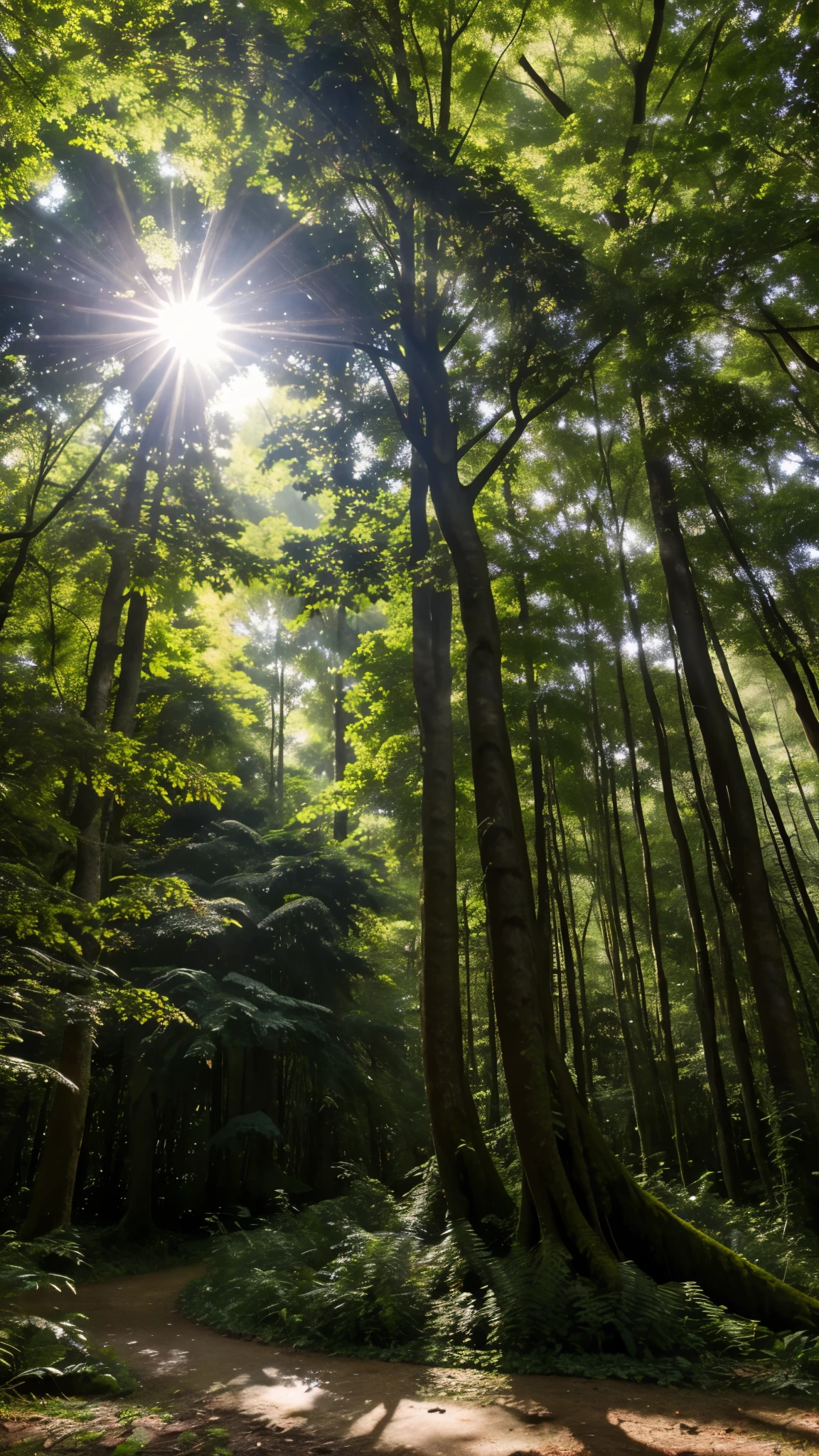 tall, lush green tree in a dense forest. At the top, a pair of crows are building a nest with twigs. Sunlight filters through the leaves, casting dappled shadows on the ground.
