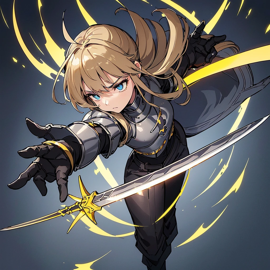(((Solo)))、Highest quality, Best Quality、8K、(Full body character concept、detailed)、(((Gray simple armor、Black trousers、Black gloves))、(woman、18-year-old)、(Blonde、Long Hair)、(((Grab the sword)))、(Glowing light background)、(Fighting stance,)、Dramatic Angle、(Blue and yellow aura)、(From above)