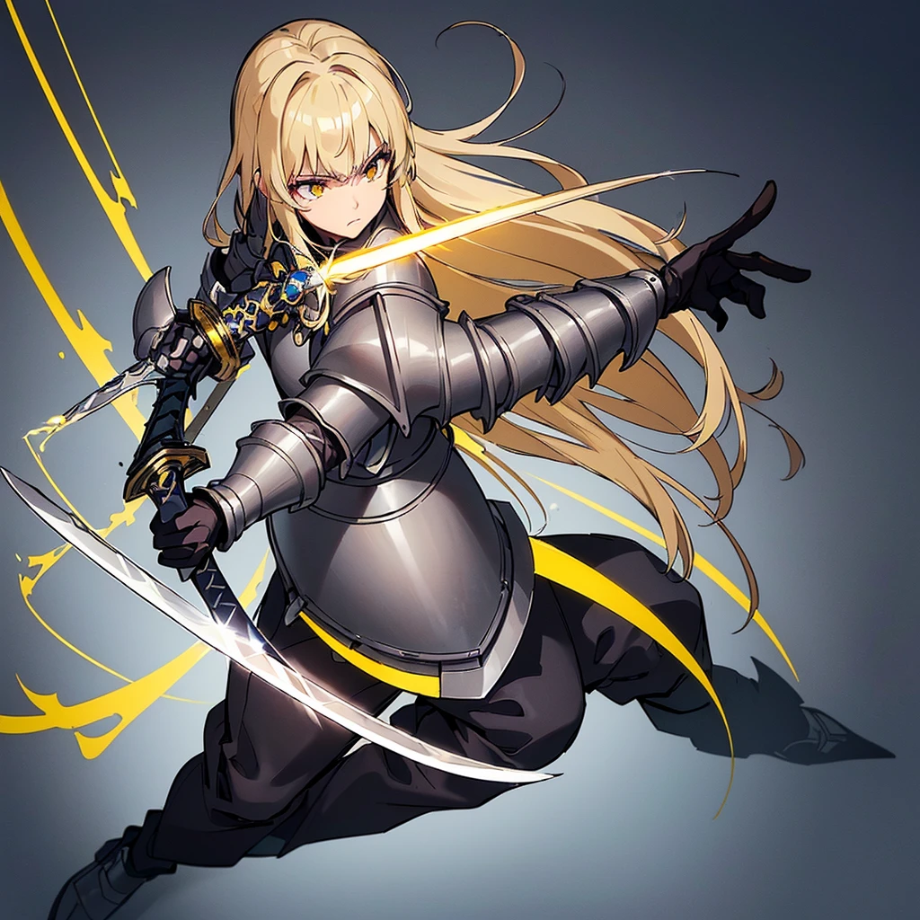 (((Solo)))、Highest quality, Best Quality、8K、(Full body character concept、detailed)、(((Gray simple armor、Black trousers、Black gloves))、(woman、18-year-old)、(Blonde、Long Hair)、(((Grab the sword)))、(Glowing light background)、(Fighting stance,)、Dramatic Angle、(Blue and yellow aura)、(From above)