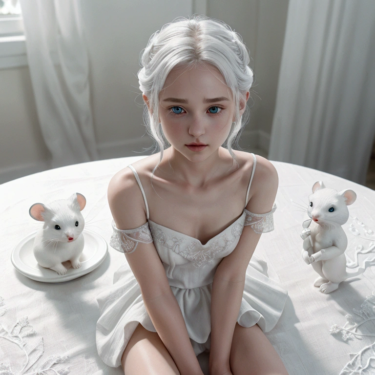 from front, portrait, from above, High resolution, high definition, ultra detailed, 4k, 8k, super masterpiece, BJD and a small white mouse are staring at each other, BJD is modeled after a beautiful 18-year-old woman, life size, Joints in the body are mechanical, BJD are battery powered, BJD are beautiful like sculptures, Hard white porcelain skin that shines white, BJD is sitting on a chair and looking at a white mouse, no makeup, white chignon hair, large glass eyes, Sleeveless white off-shoulder dress with elegant drape and beautiful embroidery, bisque doll, The white mouse is so small that she can wrap it in her hands, The small white mouse stands on two legs on the table, Beautiful fur of a realistic small white mouse, dreamy, aesthetic, gothic style, fantasy,