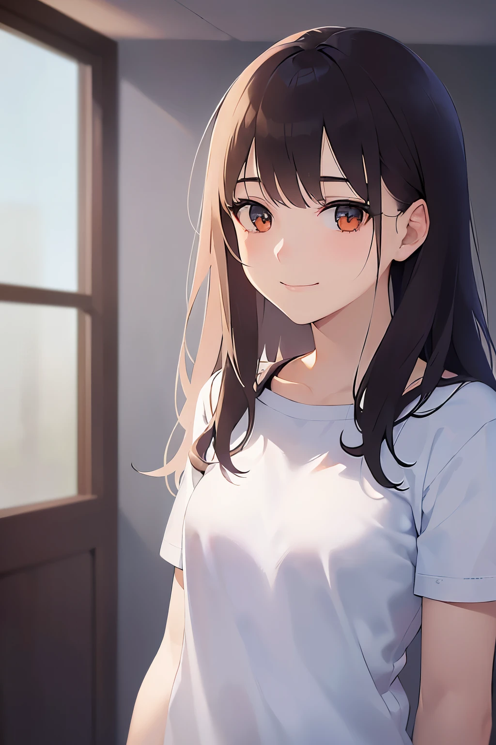 hand up, Realistic, real person, (pale skin: 1.2), upper body, RAW photo, photorealistic, shiny skin, shiny hair、(A 25-year-old woman with medium-length hair and bangs) and (wavy hair) and (brown hair) and (Orange Eyes) , (White T-shirt) 、(sad smile:1.5), The background is a hospital room.、Alone、Are standing