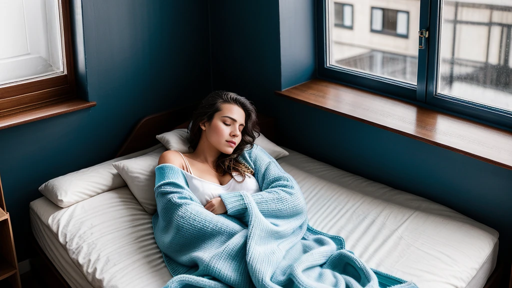 Top View of Beautiful Young Woman Sleeping Cozily on a Bed in His Bedroom at Night. Blue Nightly Colors with Cold Weak Lamppost Light Shining Through the Window