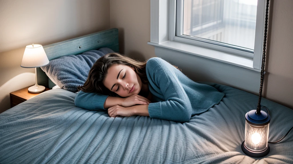 Top View of Beautiful Young Woman Sleeping Cozily on a Bed in His Bedroom at Night. Blue Nightly Colors with Cold Weak Lamppost Light Shining Through the Window
