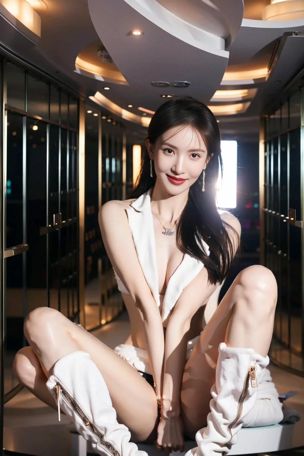 Shooting at the beach, Model posing ????, Fair skin，Long hair, Goddess of beauty, Model figure, Visible throughout the body, ????, What a nice smile, ??????????????，Beautiful ?????? (Model beautiful legs) , (Boots:1.2)，necklace，earrings，lens Flare, F/1.8, 135 mm, Canon, UHD, Retina, masterpiece, precise, Anatomically correct, Textured Skin, Super Detail, High Detail, high quality, best quality, High resolution, 1080P, HD, 4K, 8K