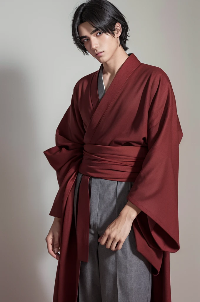 A young man with a bewitching aura, with hair shorter than his shoulders and a hair that hides the left eye, his hair is black and turns red at the ends, his eyebrows are red and frown, his eyes are slanted and have double eyelids, his eyes are gray, and he is wearing a casual red kimono.