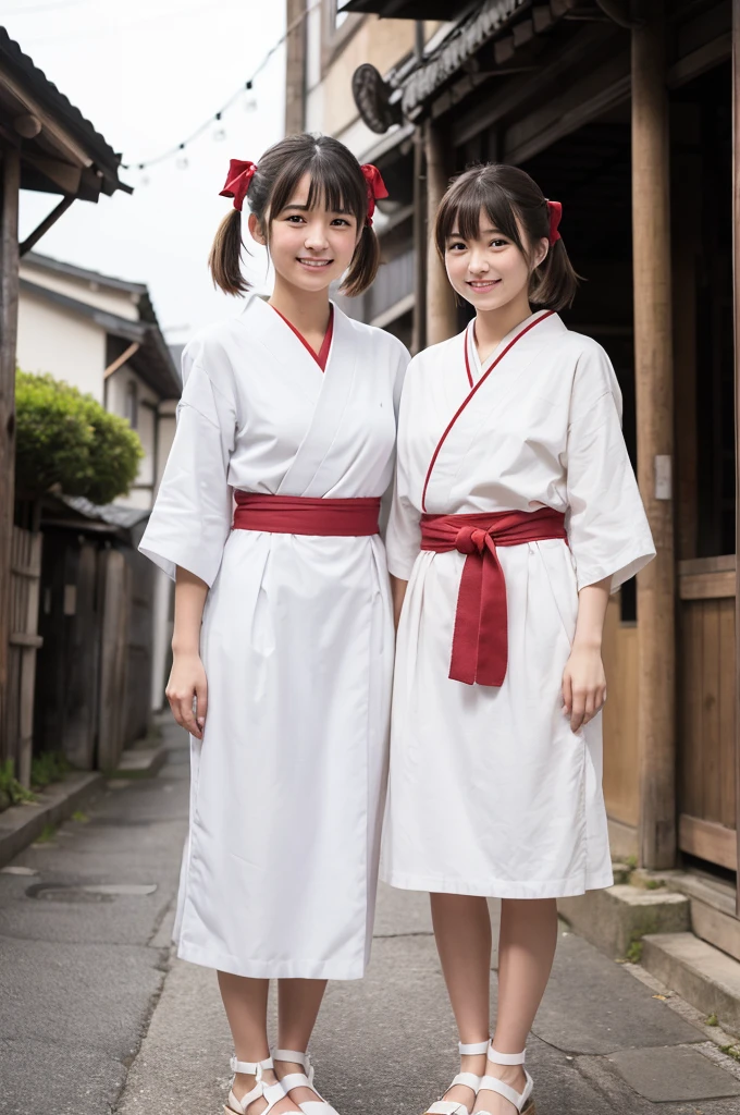 2 girls standing in old-Japanese street,white hakama top,red hakama bottom,18-year-old,bangs,a little smile,short hair and low pigtails with red ribbon bow,from before,front light