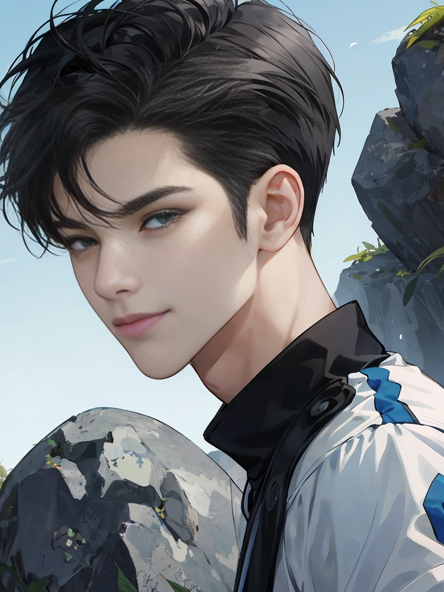 modern, under a clear blue sky, anime style, chiaroscuro, UHD, masterpiece, anatomically correct, textured skin, high details, super detail, best quality, (extreamly delicate and beautiful:1.2), 8K, (tmasterpiece, best:1.0), One male that very short black hair, short black Quiff hair with Soft Fringe, bangs part on side 5:5 ratio, wearing a loose rock-style grey and blackShort sleeve, thin, (sports style), a frontal view of a face looking to the right, displaying a sly smile, Korean illustration style.