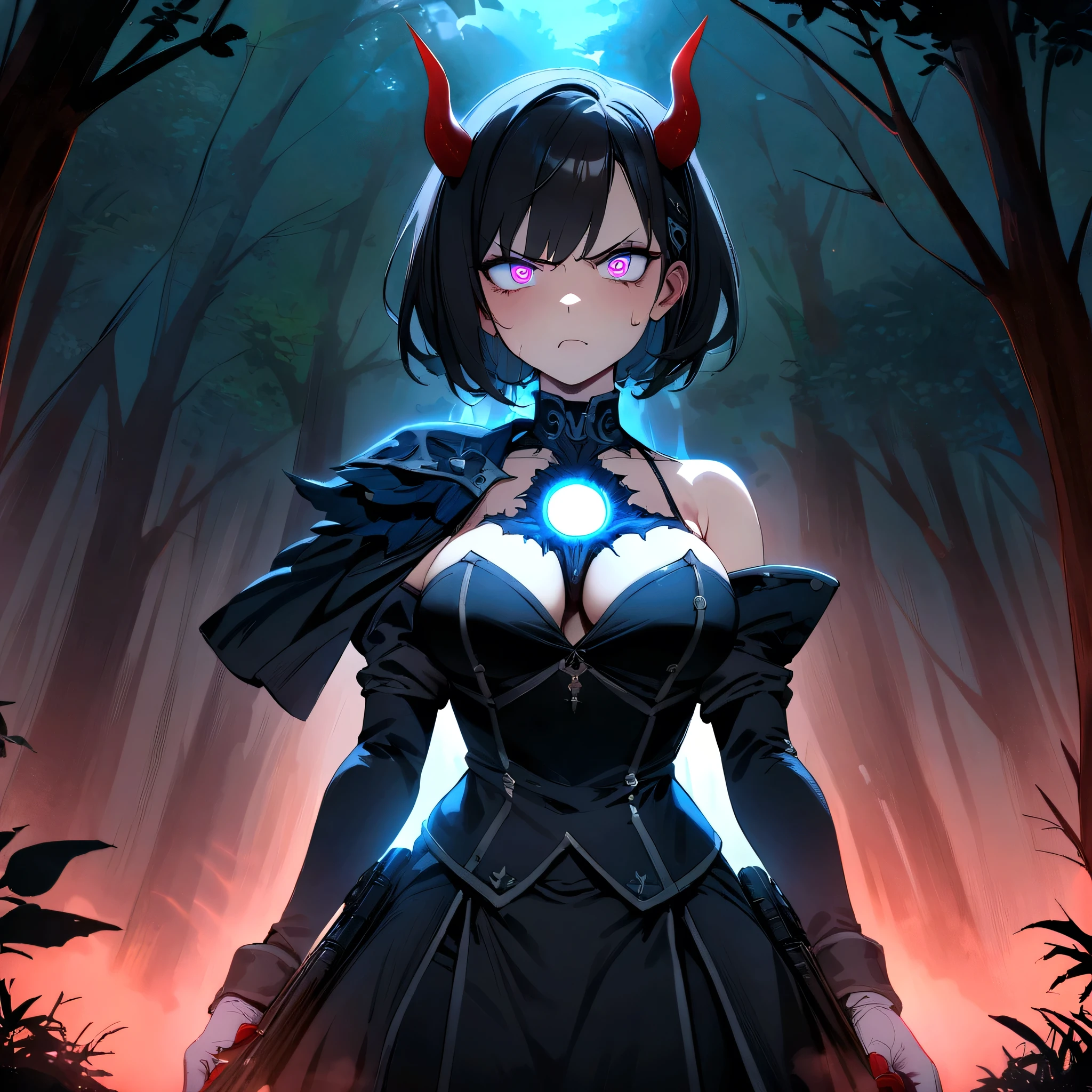 Masterpiece, 4k, high quality, 1 girl, black hair, glowing white eyes,short hair , red horns, angry raging expression,blue and black military outfit, white fullmetal alchemist gloves, akimbo shotgun , glowing blue eyes , in the forest, in front of the gates of hell , bleeding neck , hole in chest dripping blood, tore garment, blue patterned headband on top of her head, with a mystical forest scenery , steam evaporating from her body, cosmic owl familiar on her shoulder