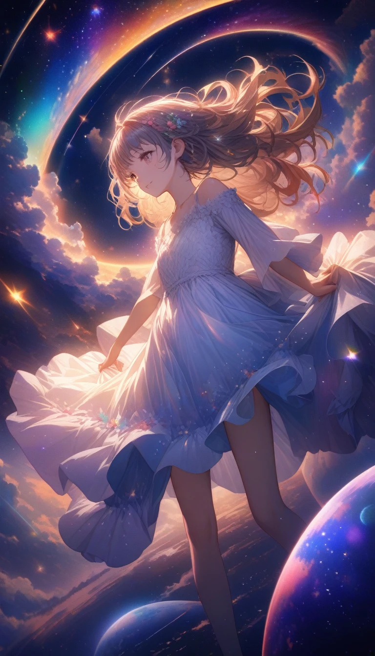 high detail, Super detailed, ultra high resolution, A girl enjoying time in the dream galaxy, surrounded by stars, warm light shining on her, The background is a starry sky with colorful galaxies and galactic clouds, stars are flying around her, delicate face, Add a playful atmosphere , 