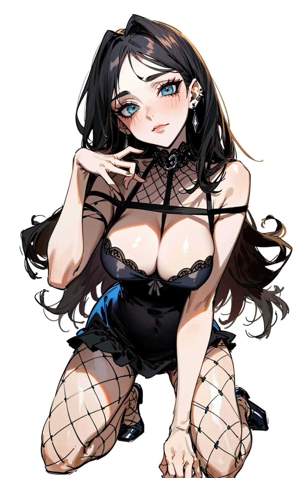 （best quality，masterpiece：1.2，detailed details，4k），((masterpiece)), ((best quality)), (ultra-detailed), anime style,large breast, slim, slender, ashamed, all fours ，Kneeling,Girl with modern gothic makeup, fair skin, long legs, black eyeshadow, camisole, plump figure, earrings and lip studs, fishnet stockings, posing in an attractive pose, lovable expression